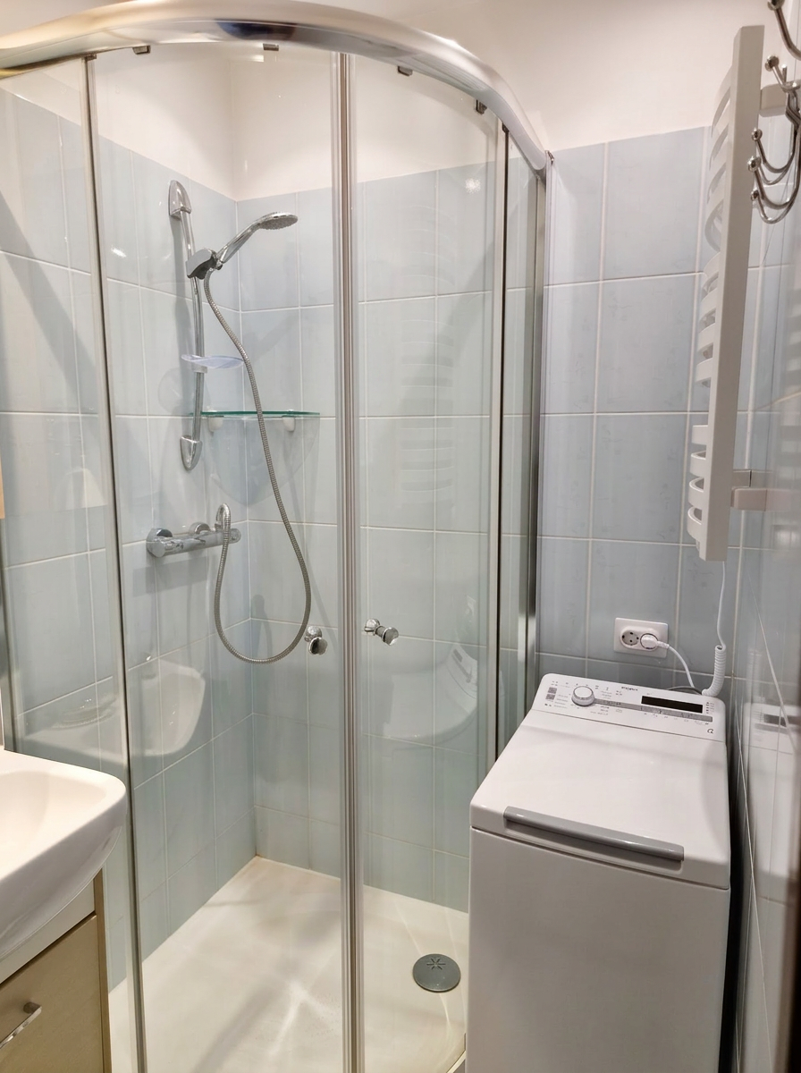Bathroom with shower and washing machine